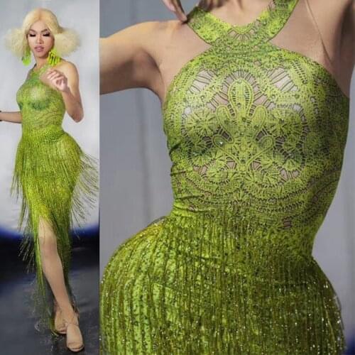 Rhinestone Green Fringes Long Dress Nightclub Singer Dance Costumes Women Evening Birthday Celebrate Tassel Dress Stage Outfits