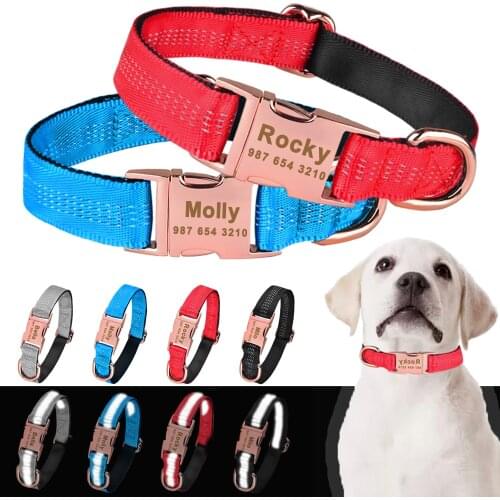 Reflective Nylon Personalized Dog Collars Small Large Puppy Name Free Engraved Metal Durable Pet accessories Dog ID Tags collar