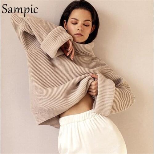 Sampic Khaki White Casual Knitted Pullovers Turtleneck Sweater Jumpers Women Long Sleeve Loose Turtleneck Sweater Vintage Winter