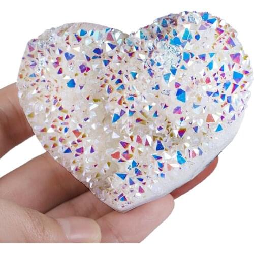 TUMBEELLUWA Titanium Coated AB Crystal Cluster Druzy Geode Heart Shape Gemstone Figurine for Meditation Reiki Healing Home Decor