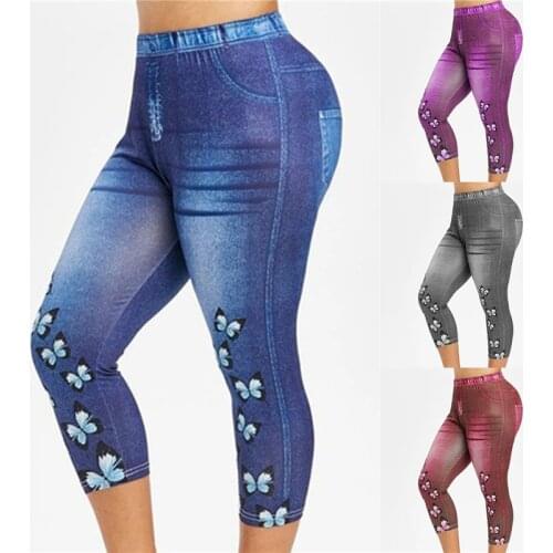 Vintage Cropped Trousers Yoga Short Leggings Faux Denim Ladies Short Pants Floral Printed High Waist Female Shorts