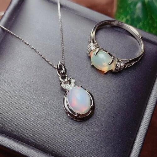 CoLife Jewelry 925 Silver Opal Jewelry Set for Daily Wear 7*9mm Natural White Opal Silver Gemstone Ring and Pendant Set