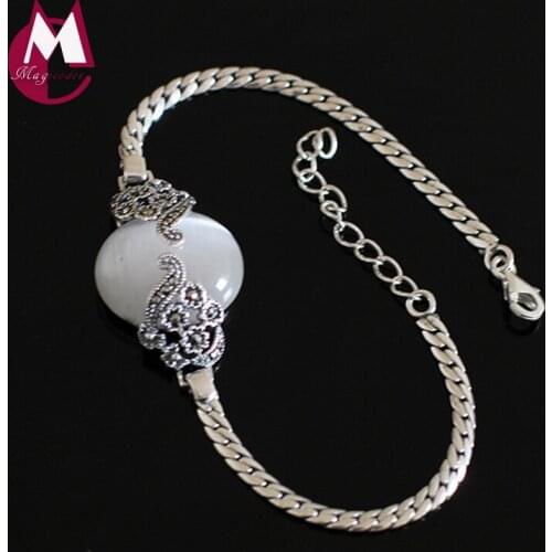 High-Quality Natural White Cat Eye Stone Bracelets Bangles 100% Sterling Silver 925 Bracelets For Women Opal Flower Jewelry SB15
