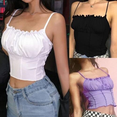 Women Summer Sexy Sleeveless Crop Top Ruffles Trim Solid Color Short Camisole Ruched Bust Slim Vest Club Party Streetwear