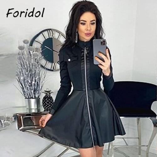 Women Long Sleeve Zipper Design PU Leather Black Dress Elegant Fashion Party Dress Vestidos De Mujer Autumn Winter