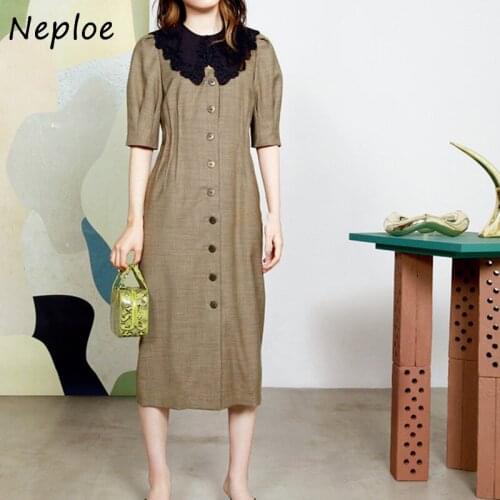 Pan Peter Neploe Collar Short Sleeve Single Breast Dress Women High Waist Hip A Line Long Vestidos Summer 2021 New Ol Robe