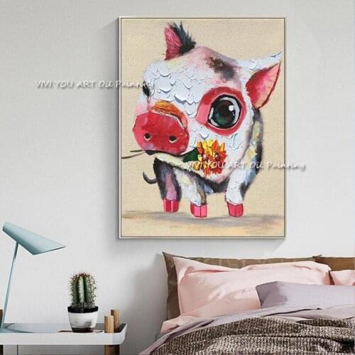100% Handmade Colorful Animal Canvas Pig Oil Paintings Wall Art Decorative Poster Abstract Picture For Kids Bedroom Decoration