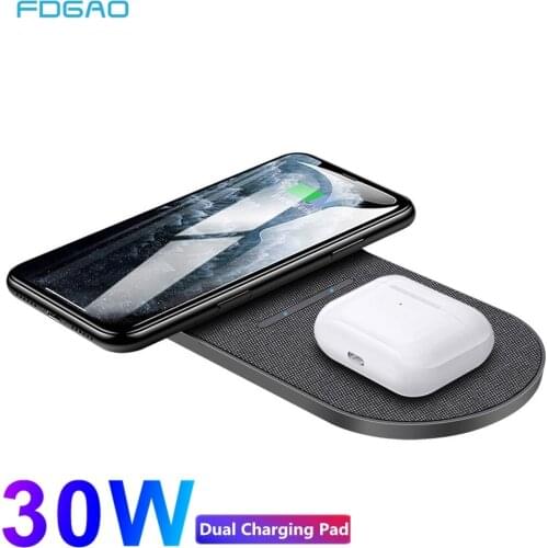 2 in 1 30W Dual Qi Wireless Charger for iPhone 12 11 Pro XS XR X 8 Airpods Pro Double Fast Charging Pad For Samsung S20 S10 Buds