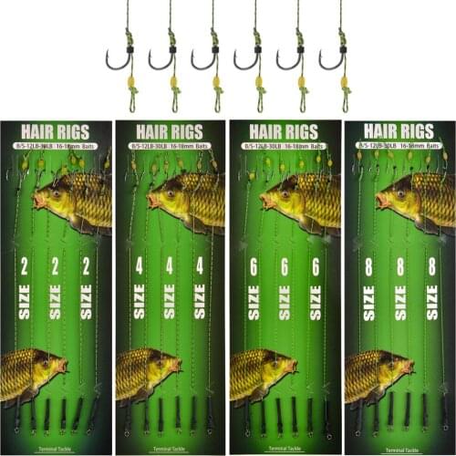 24Pcs Leader Carp Fishing Hooks Hair Rigs With Braided Line Size 2/4/6/8# Carp Fishing Ready Made Tied Rigs Terminal Tackle