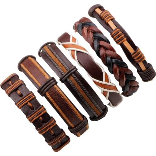 6pcs/set Boho Gypsy Hippie Punk Light Dark Brown Leather Black Cord Wrap X Knot Layers Stacked Adjustable Bracelets Set for Man