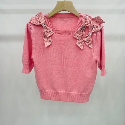 Beading Luxury Design 3D Bow Knitted Pullover Sweater Top Sweet Pink O-Neck Short Sleeve Tee T-Shirt Women Summer Clothing