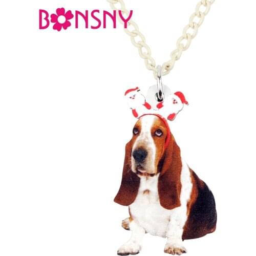 Bonsny Acrylic Christmas Santa Basset Hound Dog Necklace Pendant Chain Choker Cartoon Animal Jewelry For Women Girls Accessories