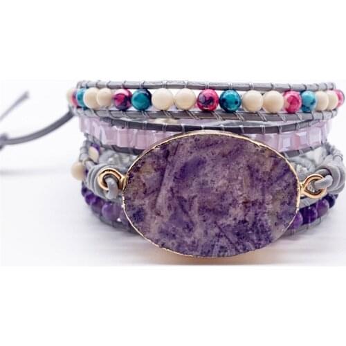 Hot Sale 1Pcs Natural Stone Bohemian Bracelet Purple Jades Bracelet Woven Leather Bracelet String Woven Bracelet Drop Shipping