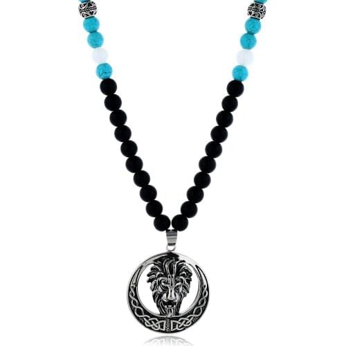 Lion Head Pendant Necklace Stainless Steel Precious Natural stone Glass Beads Necklace Sweater Chain Jewelry