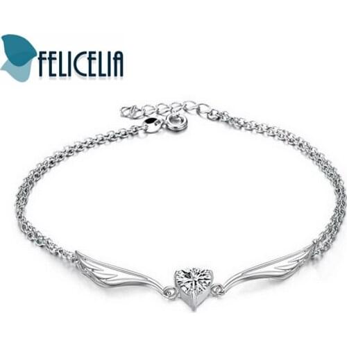 Felicelia Elegant Women Girls Silver Color Anklet Jewelry Angle Wing Love Heart Design Cubic Zirconia Ankle Bracelet Korea Style