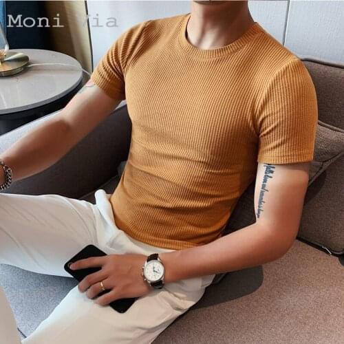 Summer Mens Waffle Farbic T-Shirts Solid Color Short-Sleeve O-Neck Shirt For Men Casual Korean Style Slim Male Homme Streetwear