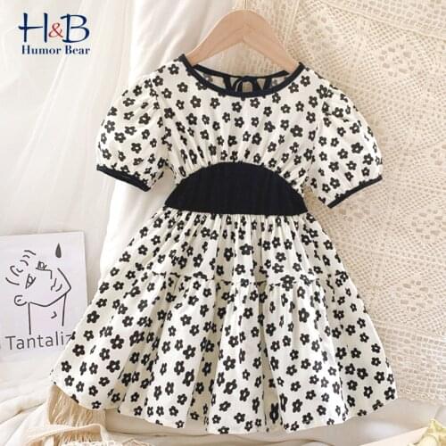Humor Bear Girls Dresses Summer New Short Sleeve Floarl Printed Patchwork Princess Dress Toddler Kids Clothes