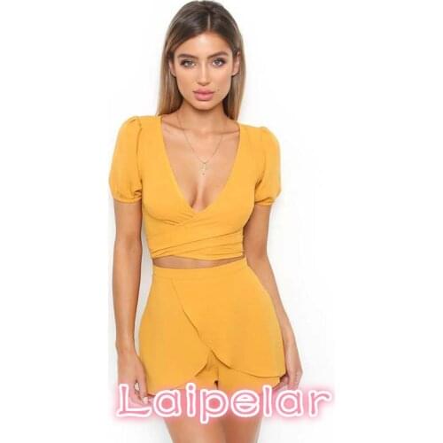 Short Sleeve V Neck Two Pieces Set Women Playsuits Sexy Casual Romper Yellow Jumpsuit Laipelar