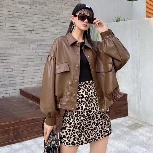 Vintage Brown Faux PU Leather Jacket Spring Autumn Single-breasted Drawstring Big Pocket Women Biker Outwear Female Basic Coat