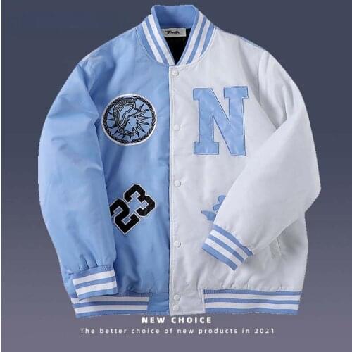 Jacket Mens 2021 Winter Letter Printing Blue Baseball Uniform Jacket Hip-Hop Korean Fashion Couple College Style Thick Jackets