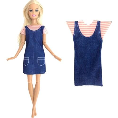 1 Pcs Fashionable Cotton Imitation Denim Dress Casual Round Neck Shirt For Barbie Doll Happy Girl Accessories Toys 292I