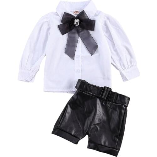 1-6Y Fashion Infant Baby Girls Clothes Sets Bowknot Collar Long Sleeve Single Breasted Shirts PU Leather Shorts