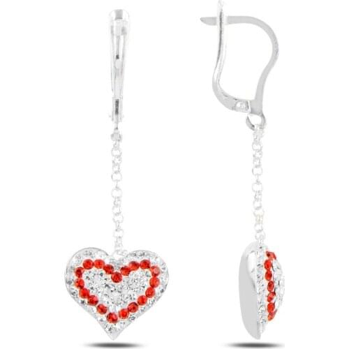 Silver 925 Sterling Dangle Heart Crystal Stone Earrings