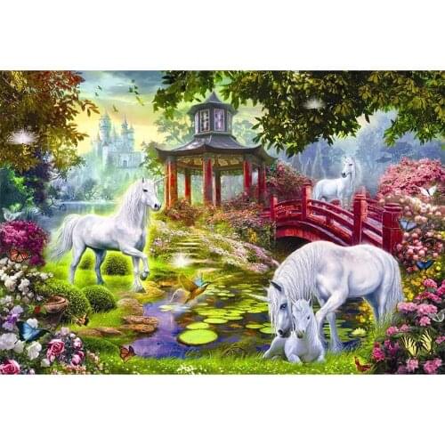 Fairy Tale Background For Photography White Unicorns Colourful Flowers Red Bridge And Pavil With White Castle Backdrop