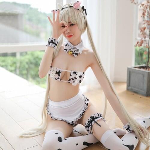 Upscale erotic Cows Cosplay Costume Maid Bikini Swimsuit Anime Girls Swimwear Clothing Lolita Bra and Panty Set Stockings