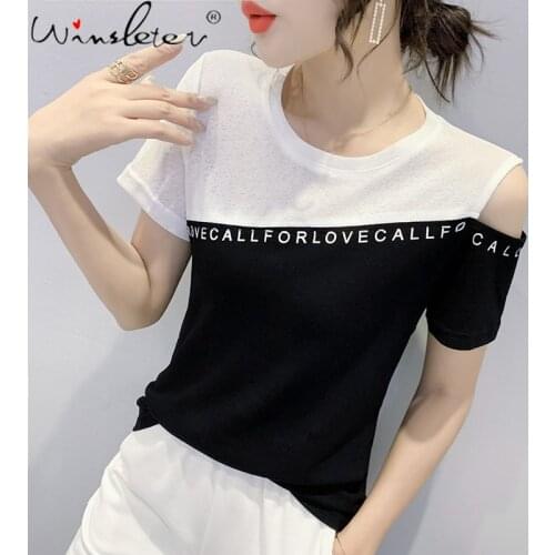 Summer Korean Style Cotton T-Shirt Fashion Patchwork Print Letter Sexy Off Shoulder Women Tops Short Sleeve Casual Tees T16601A