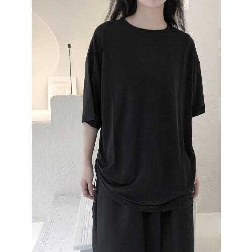 Lady summer new large size simple pure color short sleeve side draw rope design loose large size short sleeve T-shirt
