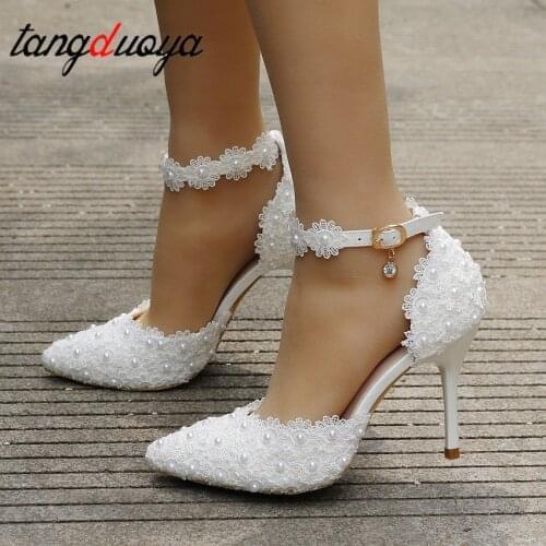 White Lace Flowers Women Wedding Shoes Wristband Bride Shoes One Word Buckle Thin Heels Ladies High Heels wedding shoes crystal