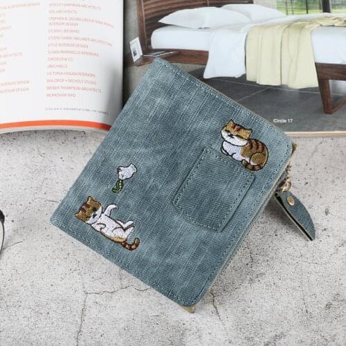 Embroidery Cat Women Short Wallet Zipper Coin Purse Short Womens Wallet Kawaii Mini Cards Holder Clutch for Girl Carteras Mujer