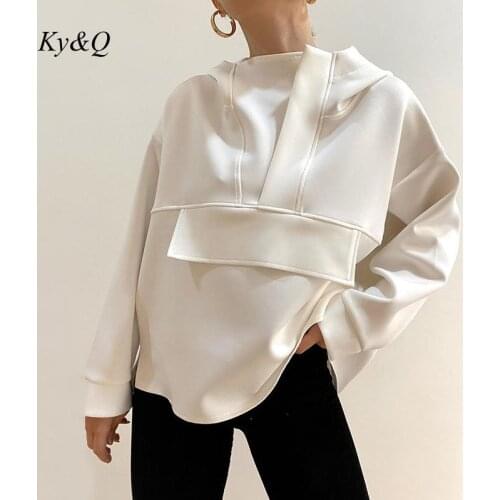 2021 Autum Winter Brand Design Simplicity Solid White Black Patchwork Big Pocket Loose Long Sleeve Hoodie Oversize Sweater Woman