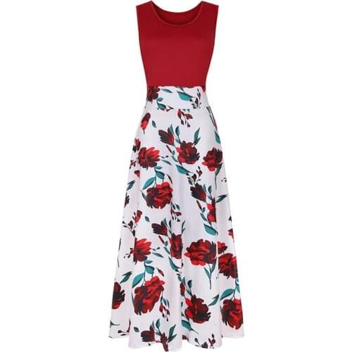 Summer Women Floor Length Floral Print Sleeveless O-neck Pullover Knitting Party Evening Elegant Robe