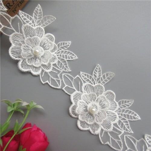1 yard Vintage White Polyester Pearl Flower Embroidered Lace Trim Ribbon Fabric Handmade DIY Garment Wedding Dress Sewing Craft