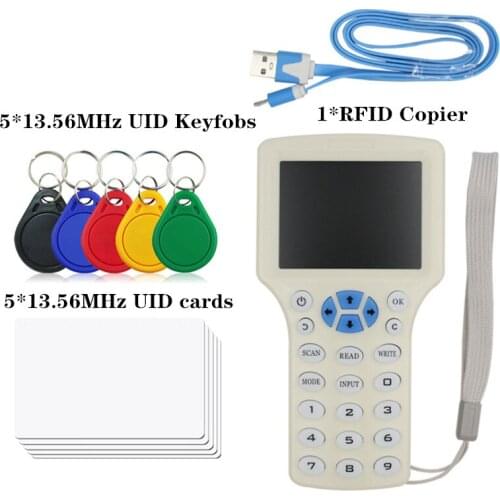 English 10 Frequency RFID Reader Writer Copier Duplicator IC/ID with USB Cable for 125Khz 13.56Mhz Cards LCD Screen Duplicator