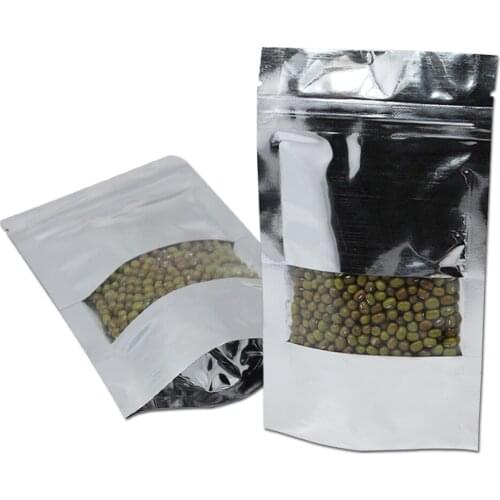 100Pcs/Lot Silver Aluminum Foil Zip Lock Stand Up Bag with Clear Window Tear Notch Doypack Reusable Resealable Food Tea Pouches