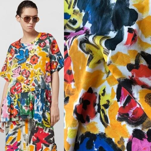 100X145cm Fashion Hand drawn doodle colored Flower cotton Fabric For Woman Summer Dress Blouse Tissu Tela Хлопок материал DIY