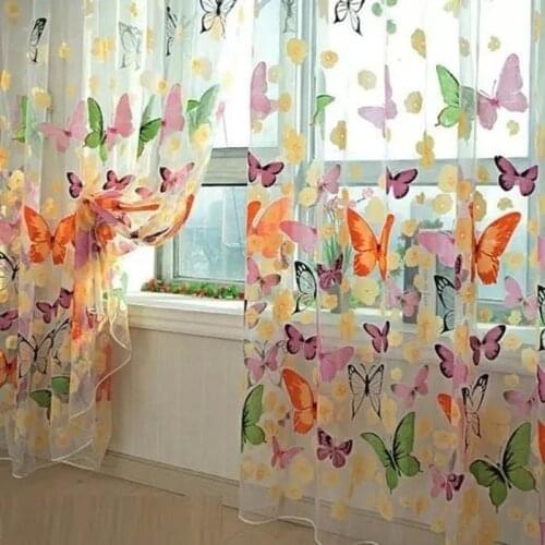 1X2M Color Butterfly Printing Screen Window Door and Window Bathroom Curtain Drapery Tulle Home Bedroom Balcony Decoration