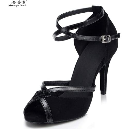 WUXIJIAO Brand black flock Deep skin color satin Latin dance shoes Ballroom dancing shoes High heels Party Salsa dance shoes