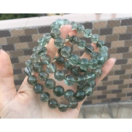 Top Natural Green Rutilated Quartz Crystal Bracelet 11mm 12mm 13mm Women Men Fashion Beads Stone Gift Clear Round Beads AAAAA