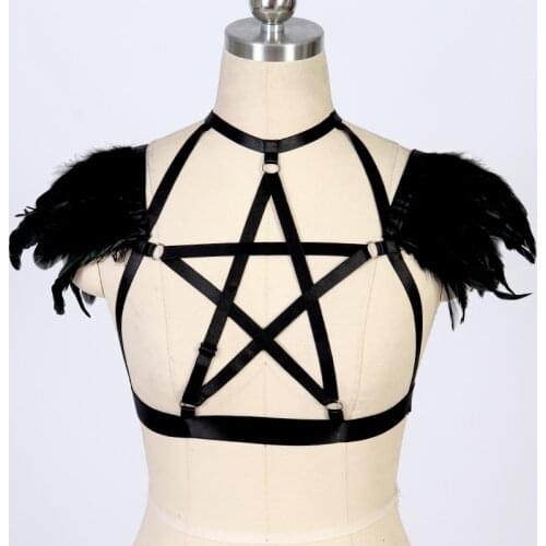 Black Feather Pentagram Harness Epaulette Bondage Fetish Body Harness Sexy Lingerie Bra Belt Gothic Angel Wings Festival Rave