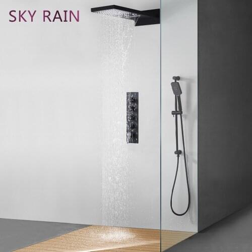 SKY RAIN Matte Black Thermostatic Multi Functions Rainfall Waterfall Rotating Water Shower Head Set