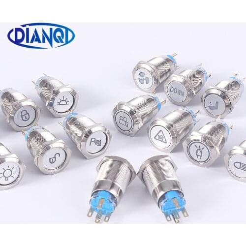 19mm Customization symbols button metal Brass rhodium plating push button switch lamp flat round fans light latching/Momentary