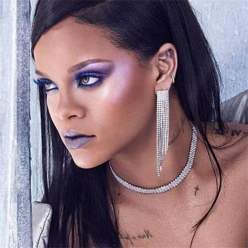 Shiny Rhinestone Fashion Lady Necklace Neck Jewelry Personality Crystal Tassel Earring Set Sexy Street shot Body Accessories