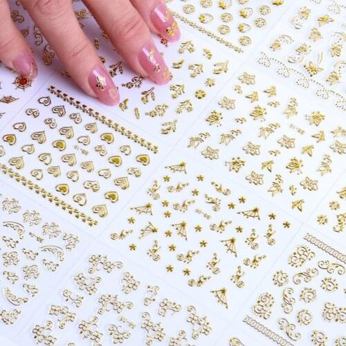1 Set 3/5/10 Sheet Random Nail Art Stickers White Bottom Gold Butterfly Flower Vintage Border Design Series Decals 3D Nail Decor