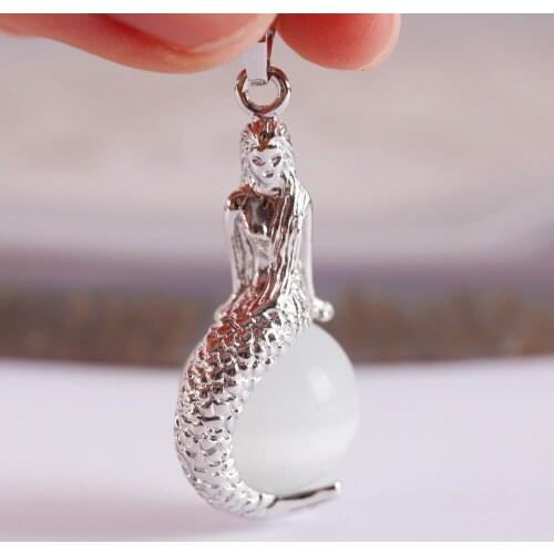 Natural Stone Mermaid Pendant Round Bead White Cat Eye Necklace Pendant K1899