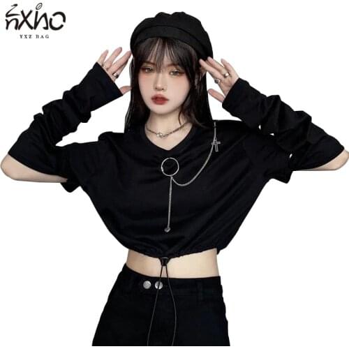Original Women Tops Clothes Gothic Style High-Street Drawstring Chain Decoration Broken-Sleeve Casual Korean Fashion Female Tees