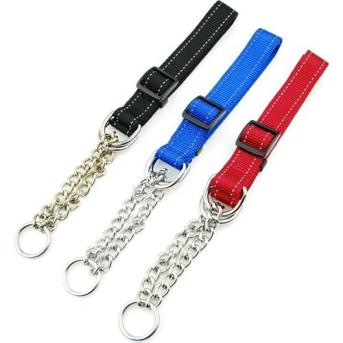 Hot Dog Collar with Welded Link Chain Pet Nylon Slip Pinch Collar Dog Training Accessories Adjustable Collar for Large Dog